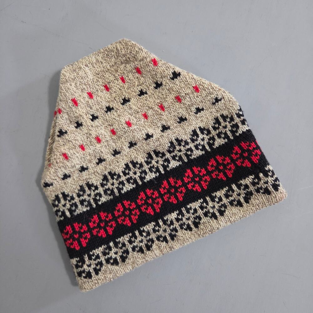 Wool Blend Fair Isle Knit Beanie Hat Brown Black Red Winter Ski Hat Made in USA